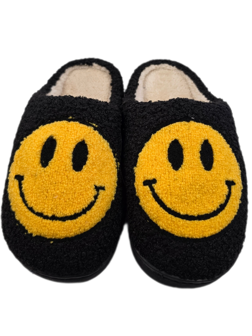 NWOT Black & Yellow Retro Smiley Face Plush Slippers